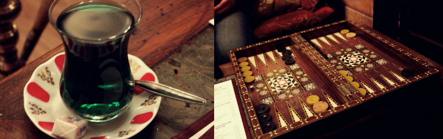 물담배와 함께 하면 좋은 것들로  왼쪽이 터키식 차이이고 오른쪽 사진은 터키 전통 게임 ‘타블라’다.