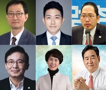 제40대 대한의사협회 회장 선거에 출마한 추무진 후보(왼쪽 위부터 시계방향), 기동훈 전 대한전공의협의회 회장, 최대집 전국의사총연합 상임대표, 임수흠 의협 대의원회 의장, 김숙희 서울시의사회장, 이용민 의협 의료정책연구소장 