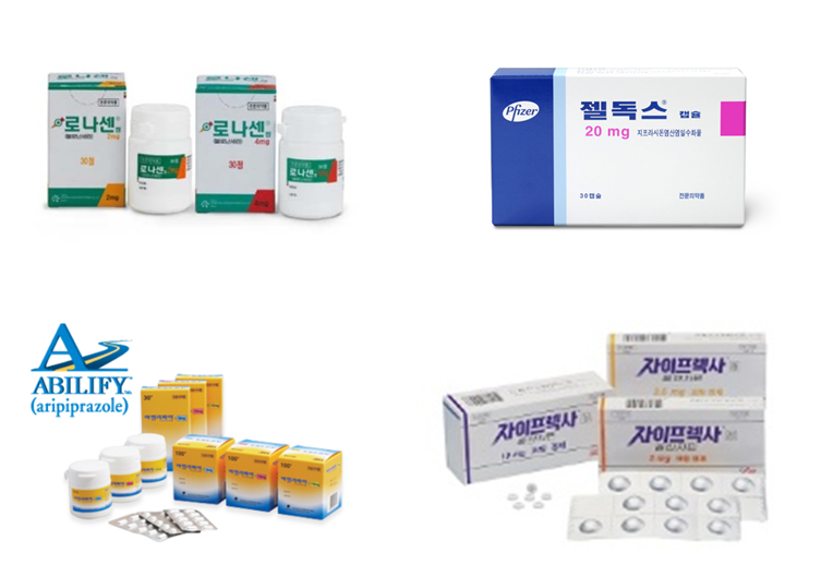 조현병 치료제인 부광약품 ‘로나센정’(윗줄 왼쪽부터 시계방향), 한국화이자 ‘젤독스캡슐’, 한국릴리 ‘자이프렉사정’, 한국오츠카제약 ‘아빌리파이정’