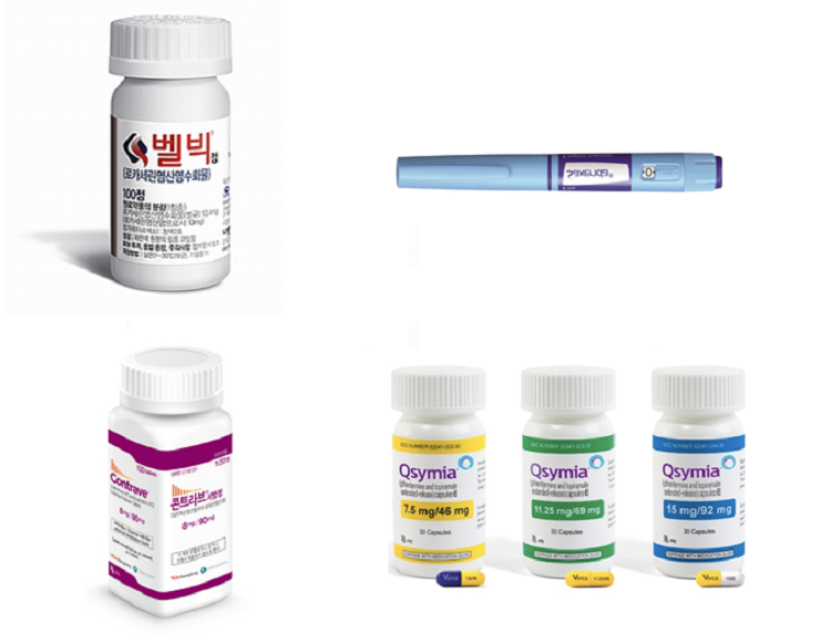 비만치료제인 일동제약 ‘벨빅정’(윗줄 왼쪽부터 시계방향), 노보노디스크제약 ‘삭센다펜주’, 알보젠코리아 ‘큐시미아캡슐’, 광동제약 ‘콘트라브서방정’