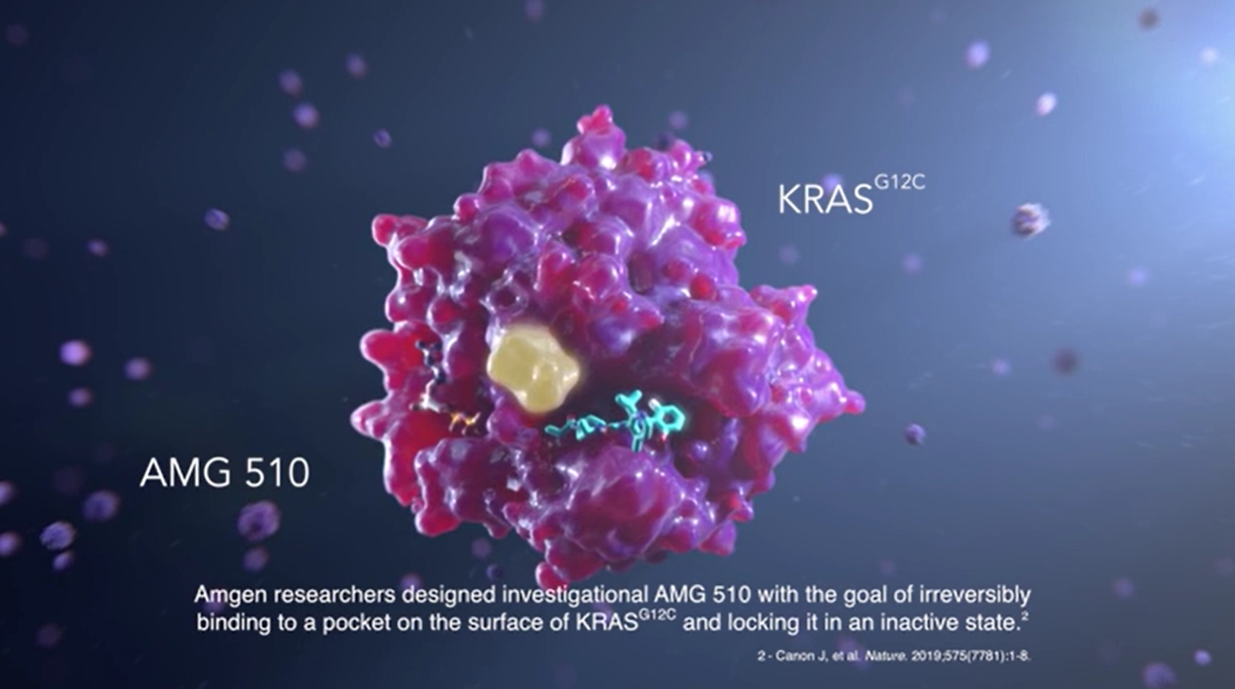 KRAS 유전자의 G12C 변이 부위에 달라 붙어 이를 비가역적으로 억제하는 표적항암제 신약후보물질의 이미지, 출처:암젠 홈페이지