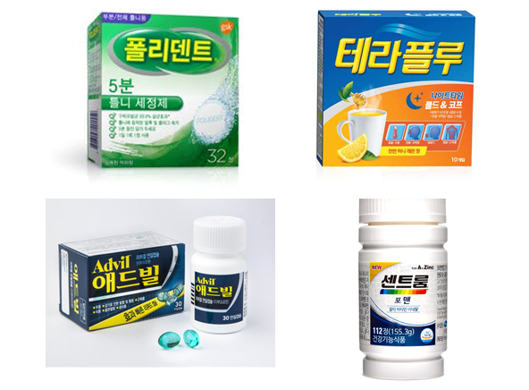 글락소스미스클라인(GSK)가 헬스케어·일반의약품(OTC) 분야에서 스티펠·노바티스·화이자를 차례로 인수 합병에 글로벌 넘버원으로 등극했다. 이에 유통망을 잃은 동화약품이 손해보고 일동제약이 신규 판매대행 업체로 떠오르고 있다. 지난 8월 화이자 인수로 막강해진 ‘폴리덴트 틀니세정제’(윗줄 왼쪽부터 시계방향), ‘테라플루 나이트타임’, ‘센트룸’ 비타민, ‘애드빌 연질캡슐’ 등 GSK의 컨슈머헬스케어 브랜드. 