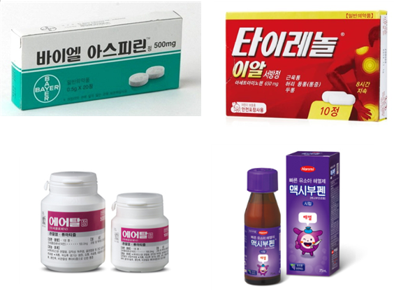 바이엘코리아의 ‘바이엘아스피린정 500mg’(윗줄 왼쪽부터 시계방향으로), 한국얀센의 ‘타이레놀8시간ER서방정 650mg’, 한미약품의 ‘맥시부펜시럽 500㎖(덱시부프로펜)’, 대웅제약의 ‘에어탈정(아세클로페낙)’