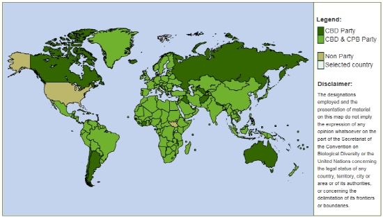 2019년 현재 생물다양성협약(CBD) 가입국 현황(출처: CBD.int)