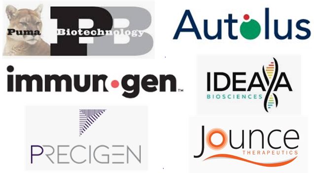 퓨마바이오테크놀로지(윗줄 왼쪽부터 시계방향), 아우톨루스, 이데아야바이오사이언스, 자운스테라퓨틱스, 프리시전, 이뮤노젠 로고